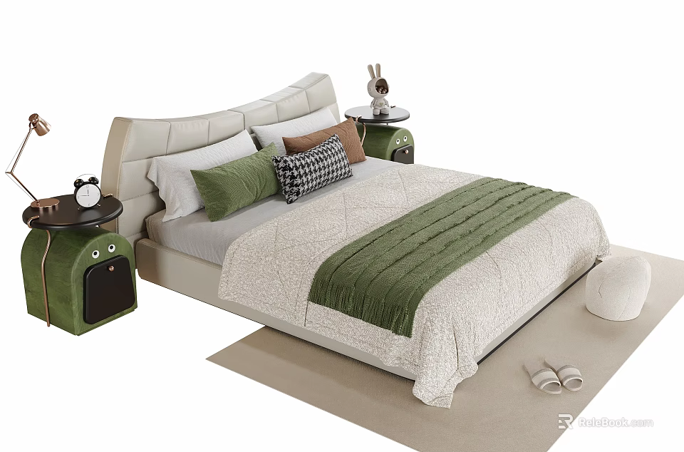 Kids Bed With Green Plaid Pillows Green Bedside Tables Quilt Rug And Slippers 3d model 