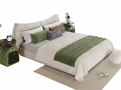 Kids Bed With Green Plaid Pillows Green Bedside Tables Quilt Rug And Slippers 3d model
