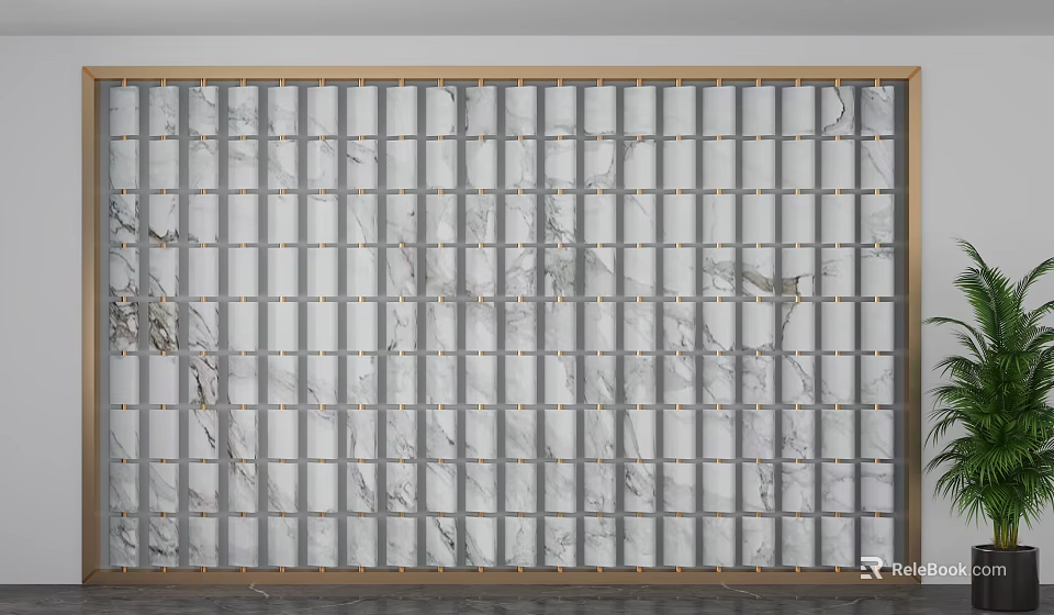 Marble Texture Room Divider Screen With Grid Design And Golden Frame 3d model