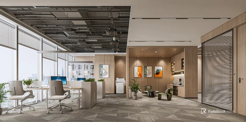 Public Office Space Modern Design With Open Layout Floor to Ceiling Windows and Green Plants 3d model 