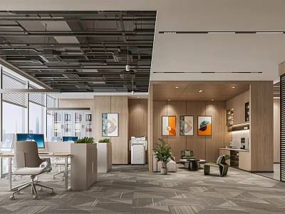 Public Office Space Modern Design With Open Layout Floor to Ceiling Windows and Green Plants 3d model
