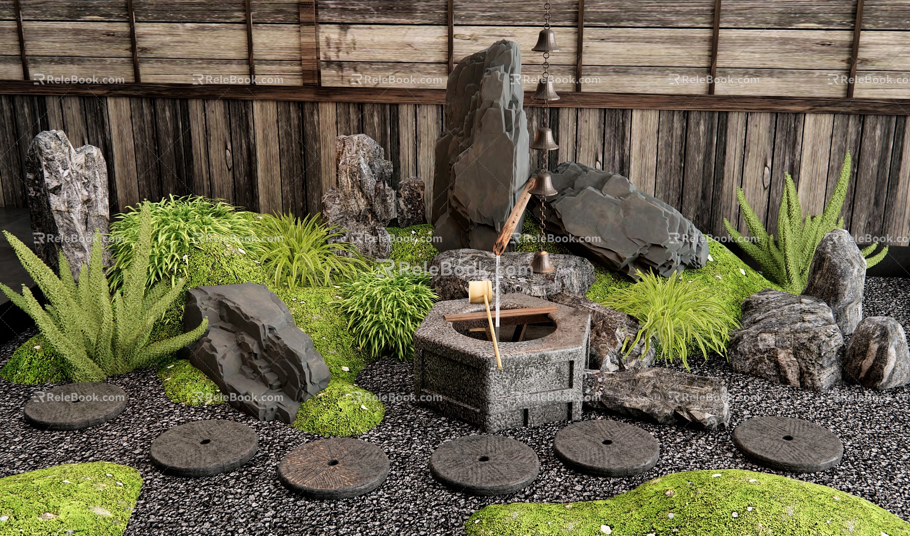 Japanese Landscape Stone Courtyard Sketches Ting Step Micro-terrain Bryophytes Landscaping Flowers and Plants Combination 3d model