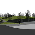Modern Park Landscape Featuring Wooden Structure Grassland Trees And Deck Stairs Railing