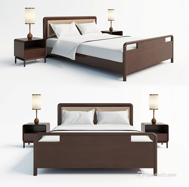 Double Bed Bedroom Setup With Wooden Frame Nightstand And Table Lamp 3d model