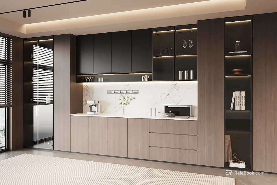 Modern Kitchen Interior With Stylish Wine Cabinet Glass Doors And Wine Glasses 3d model 