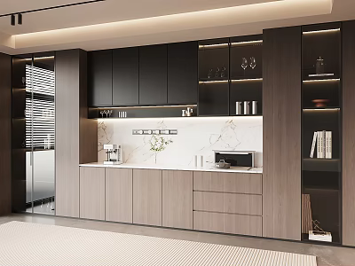 Modern Kitchen Interior With Stylish Wine Cabinet Glass Doors And Wine Glasses 3d model