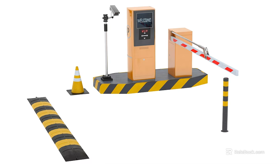 Public Parking Facilities Featuring Barrier Gate Payment Machine Security Camera Traffic Cone Speed Bump Bollard 3d model 