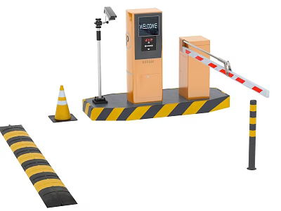 Public Parking Facilities Featuring Barrier Gate Payment Machine Security Camera Traffic Cone Speed Bump Bollard 3d model