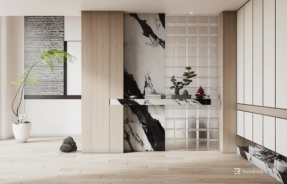 Modern Entryway Hallway Design With Wooden Panels Marble Pattern Grid Wall Potted Plants Decor 3d model 