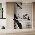 Modern Entryway Hallway Design With Wooden Panels Marble Pattern Grid Wall Potted Plants Decor