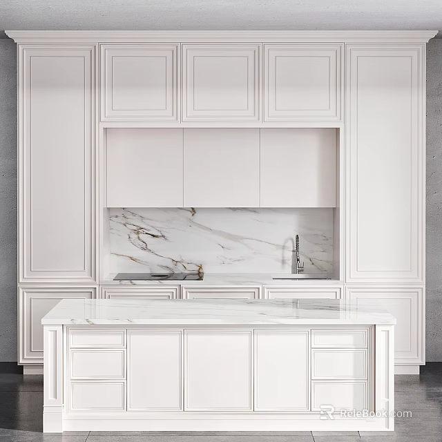 White Modern Kitchen Cabinets With Marble Countertop Backsplash And Island Design 3d model 