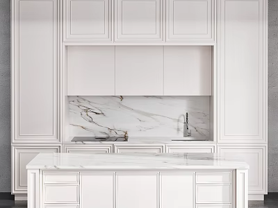 White Modern Kitchen Cabinets With Marble Countertop Backsplash And Island Design 3d model