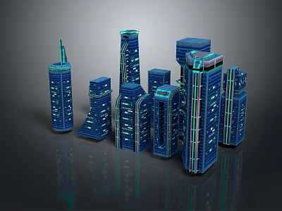 Cartoon Style Blue City Buildings 3D Rendered With Futuristic Lights And Skyscrapers 3d model