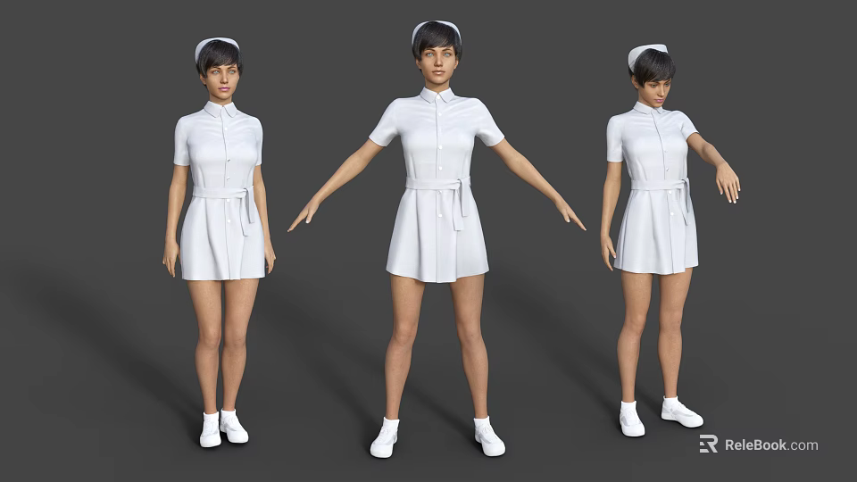 Woman in White Nurse Uniform Showing Different Standing Poses in 3D Render 3d model 
