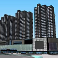 Modern High Rise Residential Complex With Commercial Podium Glass Curtain Walls And Roadway Greenery
