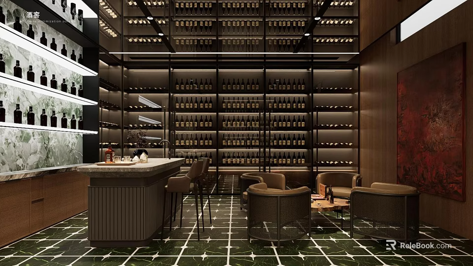 Wine Cellar Interior With Dark Wooden Racks Bottles Bar Counter Chairs And Green Tiled Floor 3d model 
