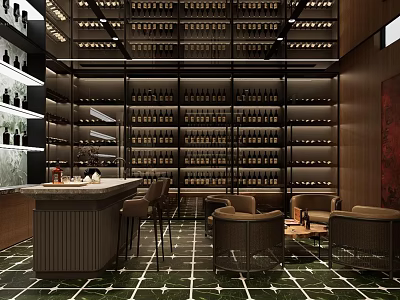 Wine Cellar Interior With Dark Wooden Racks Bottles Bar Counter Chairs And Green Tiled Floor 3d model