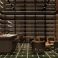 Wine Cellar Interior With Dark Wooden Racks Bottles Bar Counter Chairs And Green Tiled Floor