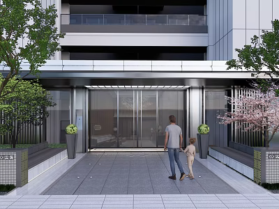 Modern Glass Entrance Gate With Green Plants And Adults Children Walking Towards Modern Building Exterior 3d model