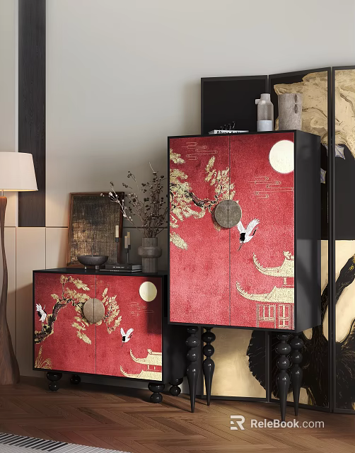 Chinese Traditional Red Entryway Cabinet and Side Cabinet with Crane Moon and Golden Pavilion Design 3d model 