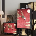 Chinese Traditional Red Entryway Cabinet and Side Cabinet with Crane Moon and Golden Pavilion Design