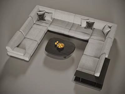 Light Gray Sectional Sofa With Black Round Coffee Table And Fruit 3d model