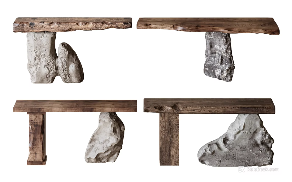 Natural Rustic Console Table Design With Wooden Top And Stone Base 3d model 
