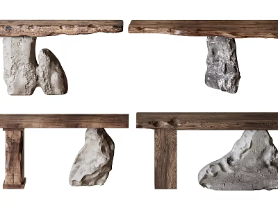 Natural Rustic Console Table Design With Wooden Top And Stone Base 3d model