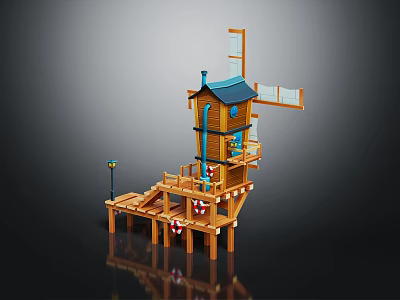 Cartoon Scene of Wooden Windmill House With Multi level Structure Stairs Lifebuoys and Street Lamp 3d model