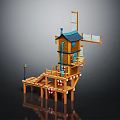 Cartoon Scene of Wooden Windmill House With Multi level Structure Stairs Lifebuoys and Street Lamp