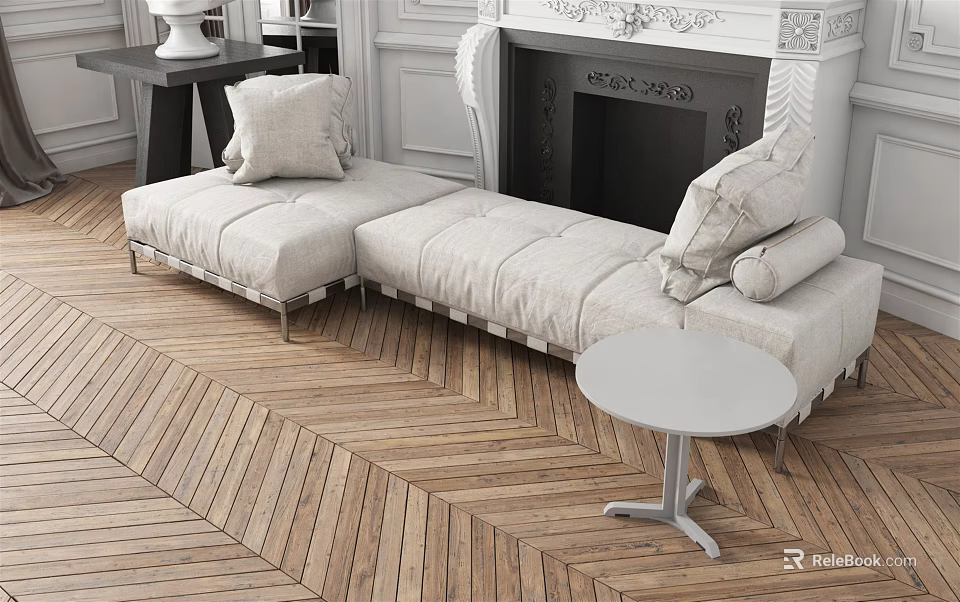 Light Colored Multi Person Sofa With Fireplace Herringbone Wooden Floor Small Round Table And Cushions 3d model 