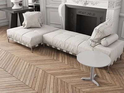 Light Colored Multi Person Sofa With Fireplace Herringbone Wooden Floor Small Round Table And Cushions 3d model