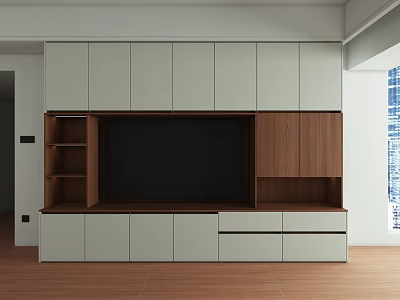 Modern TV Wall Unit Interior Design With White Cabinets Wooden Shelves And Drawers 3d model