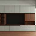 Modern TV Wall Unit Interior Design With White Cabinets Wooden Shelves And Drawers