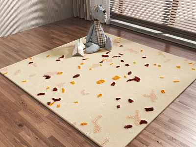 Light Beige Square Rug With Colorful Leaf Patterns On Wooden Floor And Plush Dog 3d model