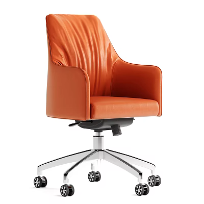 Modern Orange Leather Office Chair with Ergonomic Armrests and Silver Wheel Base 3d model