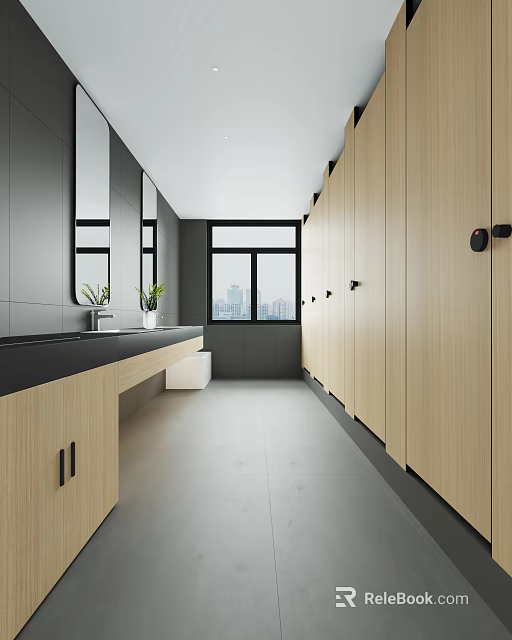 Modern Public Restroom Interior Design With Wooden Cubicles Black Countertops Mirrors And Windows 3d model 