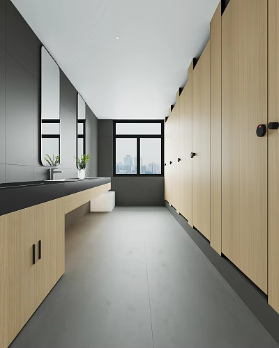 Modern Public Restroom Interior Design With Wooden Cubicles Black Countertops Mirrors And Windows 3d model