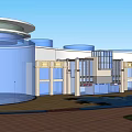 Modern Commercial Street With Circular Architectural Designs Glass Facades And Open Plaza Areas