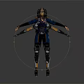 Futuristic Game and Movie Character With Blue Orange Armor Mechanical Arm Attachments and Tactical Gear