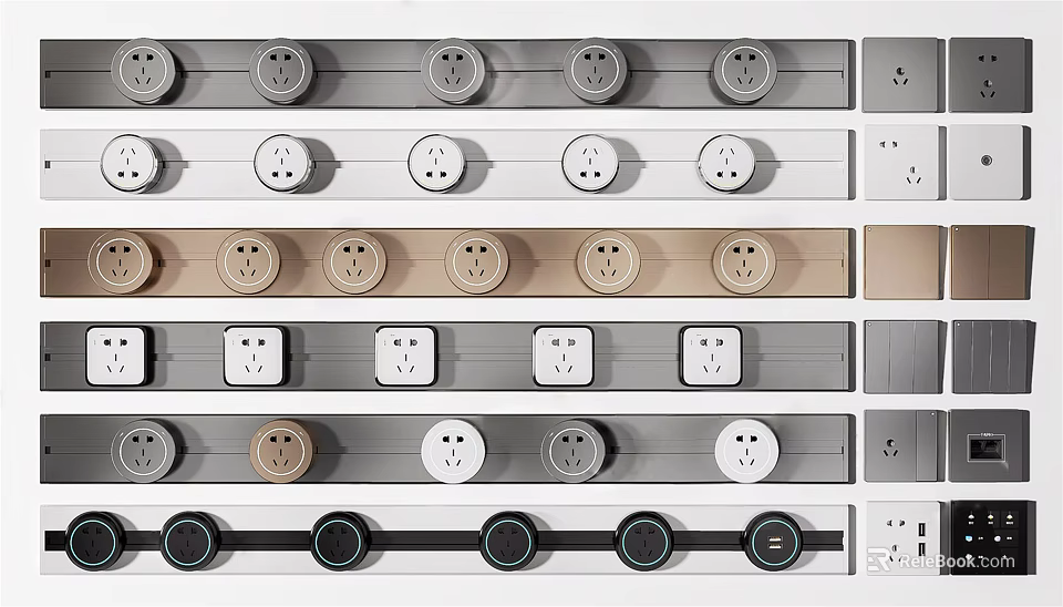 Modern Sleek Switch Panels With Various Colored Sockets And Switches In Different Arrangements 3d model 