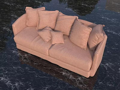 Beige Upholstered Two Seater Sofa With Multiple Plush Cushions On Marble Floor 3d model