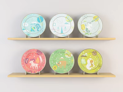 Colorful Kids Plates with Cartoon Animal Patterns on Wooden Shelves for Kitchen 3d model