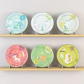 Colorful Kids Plates with Cartoon Animal Patterns on Wooden Shelves for Kitchen