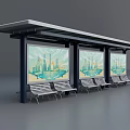 Traffic Signage At Modern Bus Stop Shelter With Cityscape Billboards And Benches