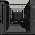 Modern Bathroom Toilet with Dark Wooden Panels Mirror Shelves and Shower Area