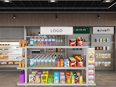 Organized Supermarket Interior With Shelves Displaying Various Products Including Beverages Snacks And Canned Goods 3d model
