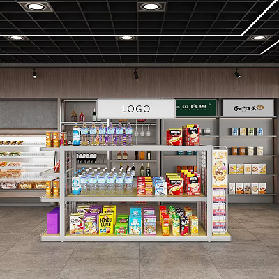 Organized Supermarket Interior With Shelves Displaying Various Products Including Beverages Snacks And Canned Goods 3d model