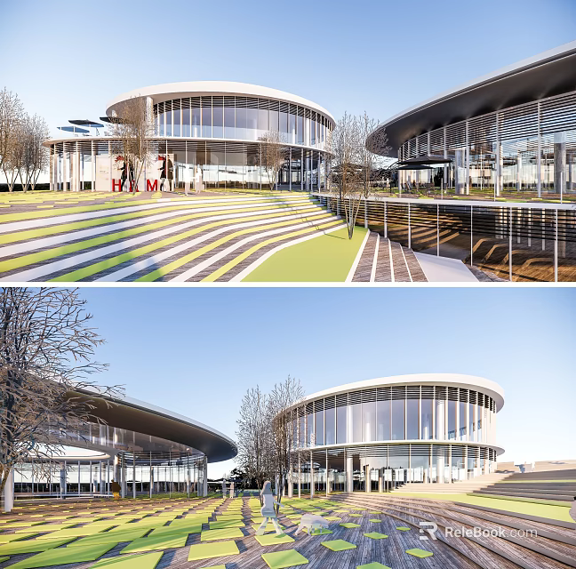Modern Cultural Center Building With Circular Glass Facade And Surrounding Trees 3d model 