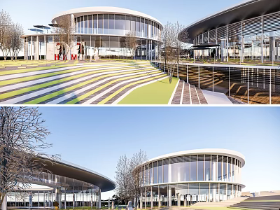 Modern Cultural Center Building With Circular Glass Facade And Surrounding Trees 3d model